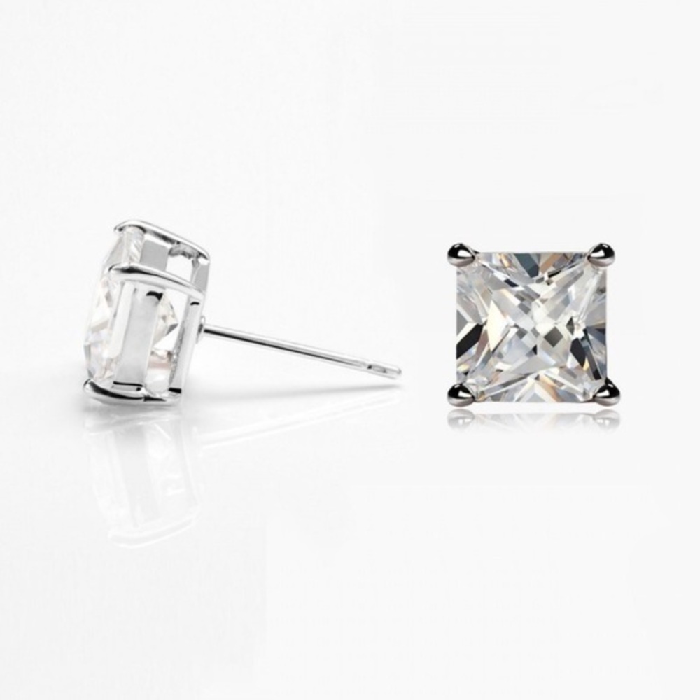 White Gold 925 Sterling Silver Renaissance Collection Princess Cut Stud Earrings